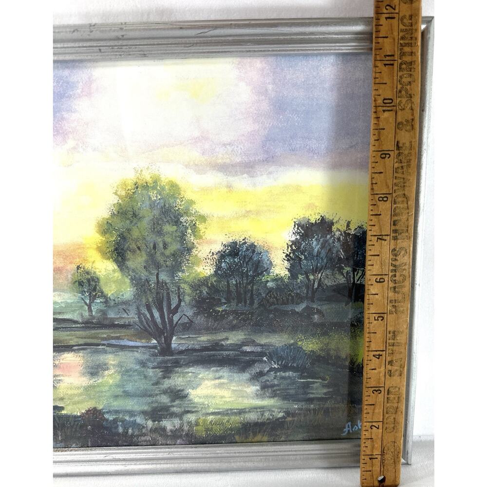 Ashley 1995 Framed Landscape Print Trees at Sunset Pond Reflection Art 15x12 - Picture 5 of 6